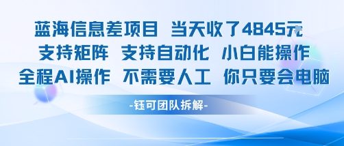 蓝海信息差项目当天收米1k+ 支持矩阵支持自动化小白能操作全程AI操作不需要人工你只要会电脑-网赚项目平台