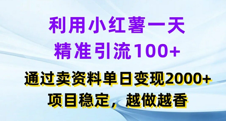 利用小红书一天精准引流100+，通过卖项目单日变现2k+，项目稳定，越做越香【揭秘】-网赚项目平台