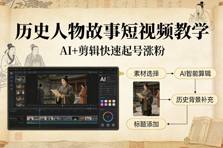 历史人物故事短视频教学，AI+剪辑制作历史人物题材短视频，快速起号涨粉-网赚项目平台