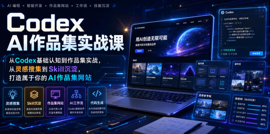 Codex AI作品集实战课，从Codex基础认知到作品集实战，从灵感搜集到Skill沉淀，打造属于你的AI作品集网站-网赚项目平台
