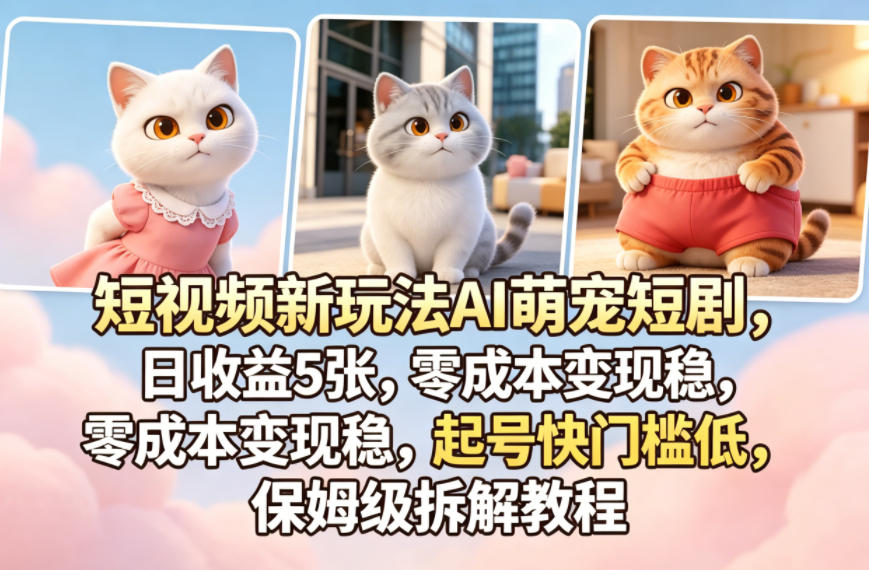 短视频新玩法AI萌宠短剧，日收益5张，零成本变现稳，起号快门槛低，保姆级拆解教程-网赚项目平台