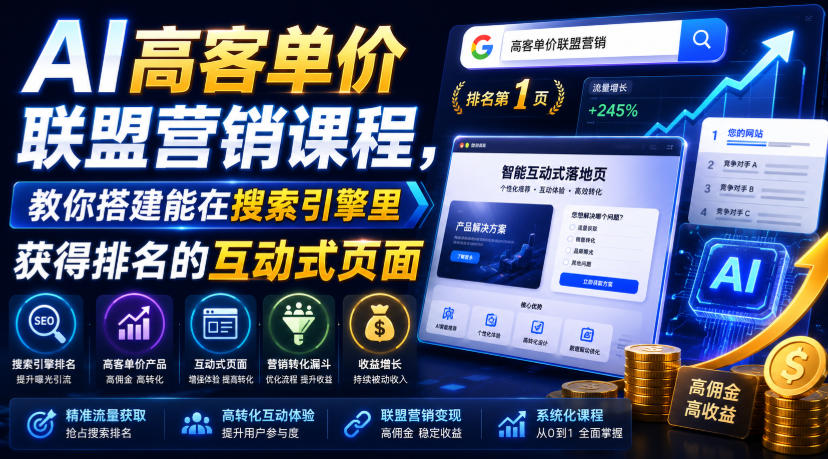 AI高客单价联盟营销课程，教你搭建能在搜索引擎里获得排名的互动式页面，引来流量，把访客转化为高佣金的成交【原创双语字幕】-网赚项目平台