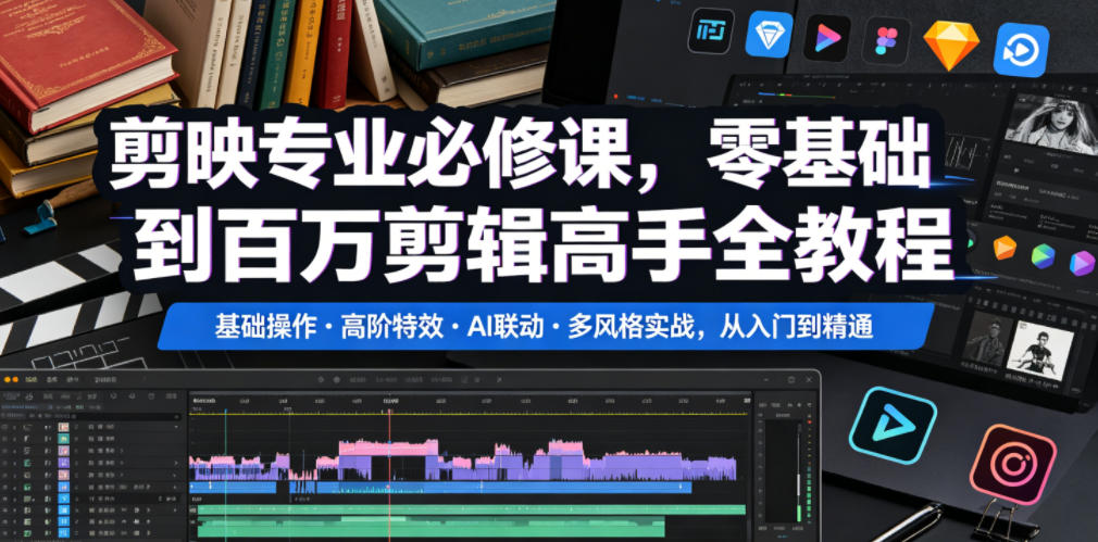 剪映专业必修课,零基础到百万剪辑高手全教程,基础操作・高阶特效・AI联动・多风格实战,从入门到精通-网赚项目平台