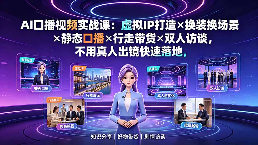 AI口播视频实战课：虚拟IP打造×换装换场景×静态口播×行走带货×双人访谈，不用真人出镜快速落地-网赚项目平台