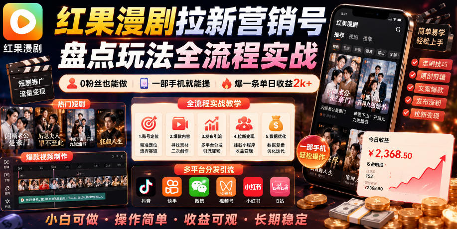 红果漫剧拉新营销号盘点玩法全流程实战,0粉丝也能做,一部手机就能做,爆一条单日收益2k+-网赚项目平台