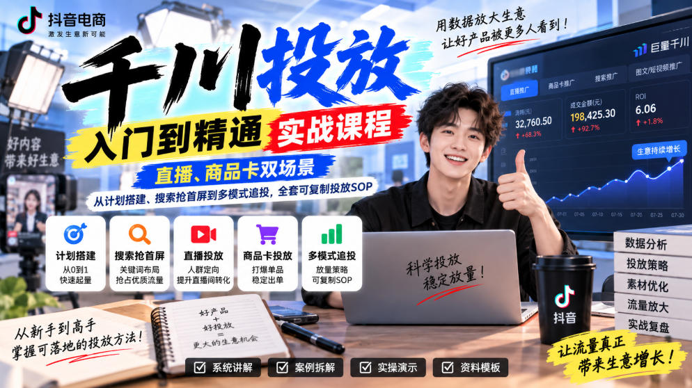 千川投放入门到精通实战课程，直播、商品卡双场景，从计划搭建、搜索抢首屏到多模式追投，全套可复制投放SOP-网赚项目平台