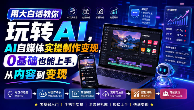 用大白话教你玩转AI，AI自媒体实操制作变现，0基础也能上手，从内容到变现-网赚项目平台