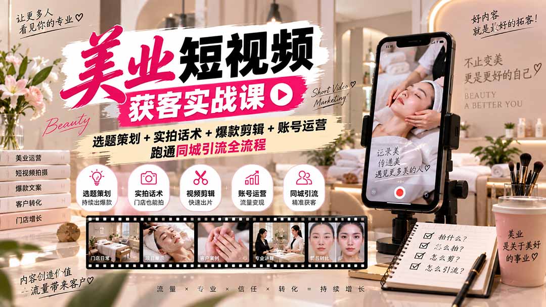 美业短视频获客实战课-无水印：选题策划+实拍话术+爆款剪辑+账号运营，跑通同城引流全流程-网赚项目平台