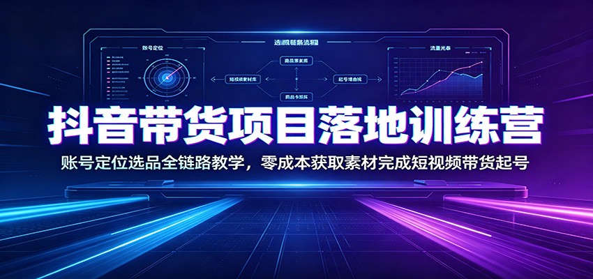 抖音带货项目落地训练营:账号定位选品全链路教学,零成本获取素材完成短视频带货起号-网赚项目平台