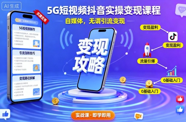 5G短视频抖音实操变现课程，自媒体，无谓引流变现-网赚项目平台
