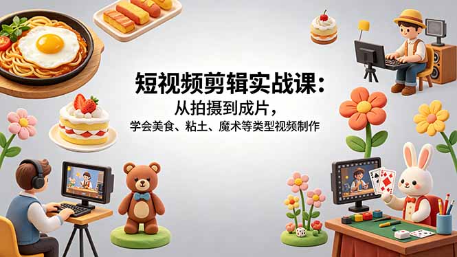 短视频剪辑实战课：从拍摄到成片，学会美食、粘土、魔术等类型视频制作-网赚项目平台