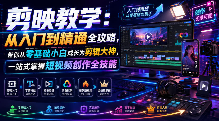 剪映教学：从入门到精通全攻略，带你从零基础小白成长为剪辑大神，一站式掌握短视频创作全技能-网赚项目平台