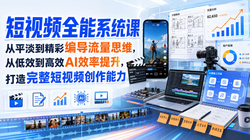 短视频全能系统课,从平淡到精彩编导流量思维,从低效到高效AI效率提升,打造完整短视频创作能力(完整版)-网赚项目平台