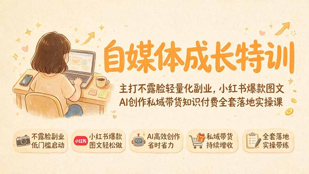 自媒体成长特训｜主打不露脸轻量化副业，小红书爆款图文AI创作私域带货知识付费全套落地实操课-网赚项目平台