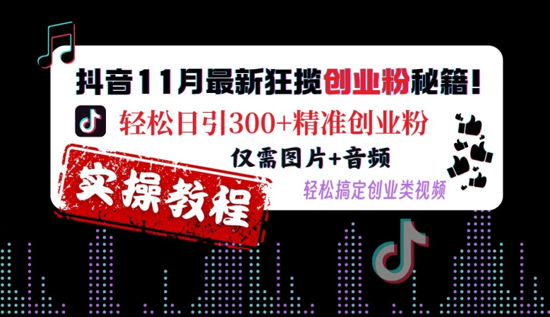 抖音11月最新狂揽创业粉秘籍，轻松日引300+精准创业粉，仅需图片+音频，轻松搞定创业类视频-网赚项目平台