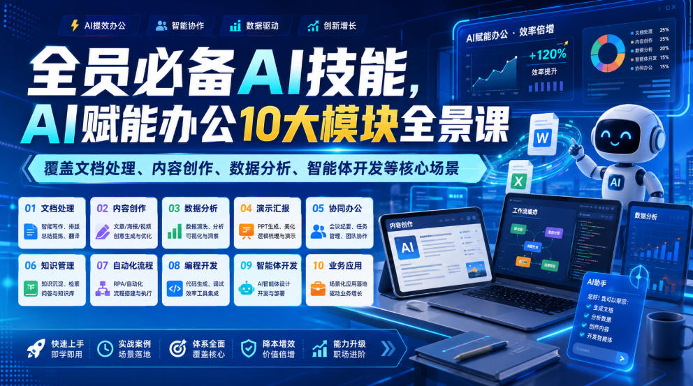 全员必备AI技能，AI赋能办公10大模块全景课，覆盖文档处理、内容创作、数据分析、智能体开发等核心场景-网赚项目平台