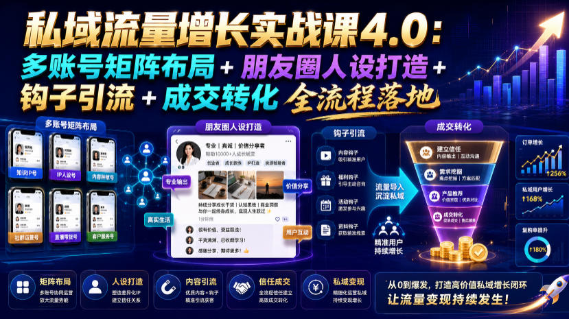 私域流量增长实战课4.0:多账号矩阵布局+朋友圈人设打造+钩子引流+成交转化全流程落地-网赚项目平台