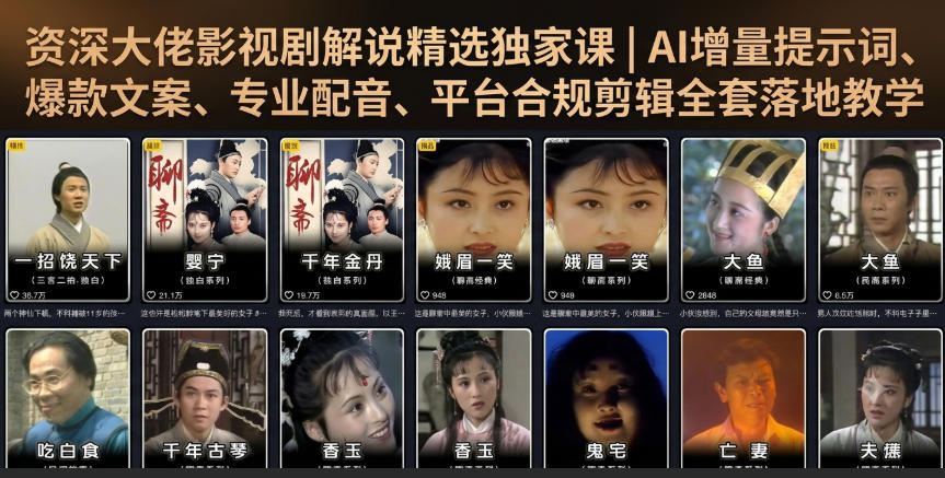 资深大佬影视剧解说精选独家课｜AI增量提示词、爆款文案、专业配音、平台合规剪辑全套落地教学-网赚项目平台