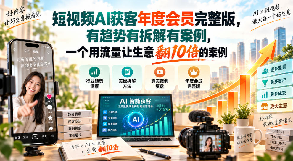 短视频AI获客年度会员完整版,有趋势有拆解有案例,一个用流量让生意翻10倍的案例-网赚项目平台
