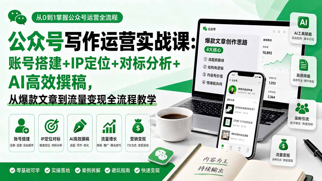 公众号写作运营实战课：账号搭建+IP定位+对标分析+AI高效撰稿，从爆款文章到流量变现全流程教学-网赚项目平台