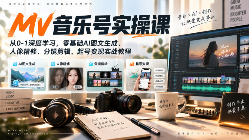 AI MV音乐号实操课，从0-1深度学习，零基础AI图文生成、人像精修、分镜剪辑、起号变现实战教程-网赚项目平台