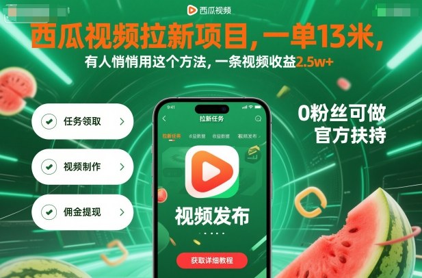 西瓜视频拉新项目,一单13米,有人悄悄用这个方法,一条视频收益2.5w+(附详细教程)-网赚项目平台