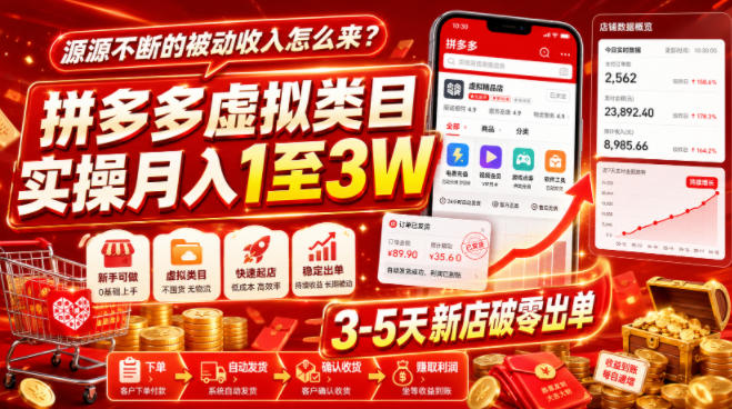 源源不断的被动收入怎么来？拼多多虚拟类目实操月入1至3W，3-5天新店破零出单-网赚项目平台
