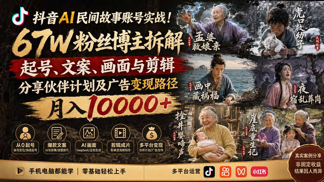 抖音AI民间故事账号实战！67W粉丝博主拆解起号、文案、画面与剪辑，分享伙伴计划及广告变现路径，月入10000+-网赚项目平台