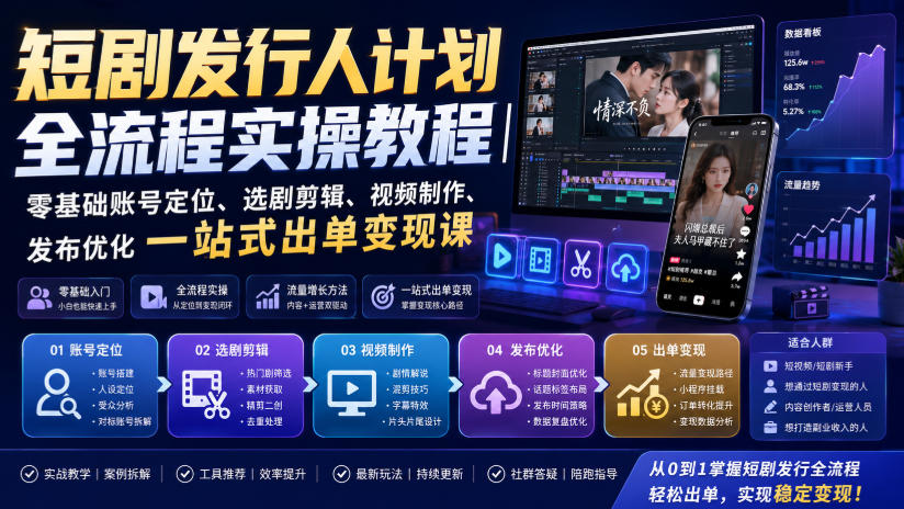 短剧发行人计划全流程实操教程｜零基础账号定位、选剧剪辑、视频制作、发布优化一站式出单变现课​-网赚项目平台