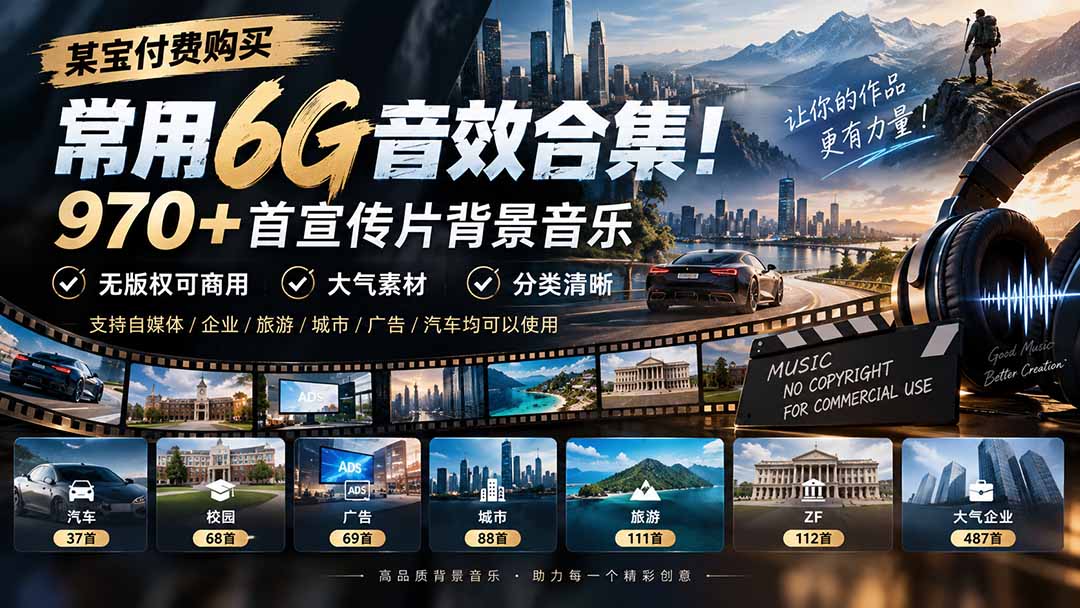 某宝付费购买，常用6G音效合集！970+首宣传片背景音乐，无版权可商用大气素材，分类清晰-网赚项目平台