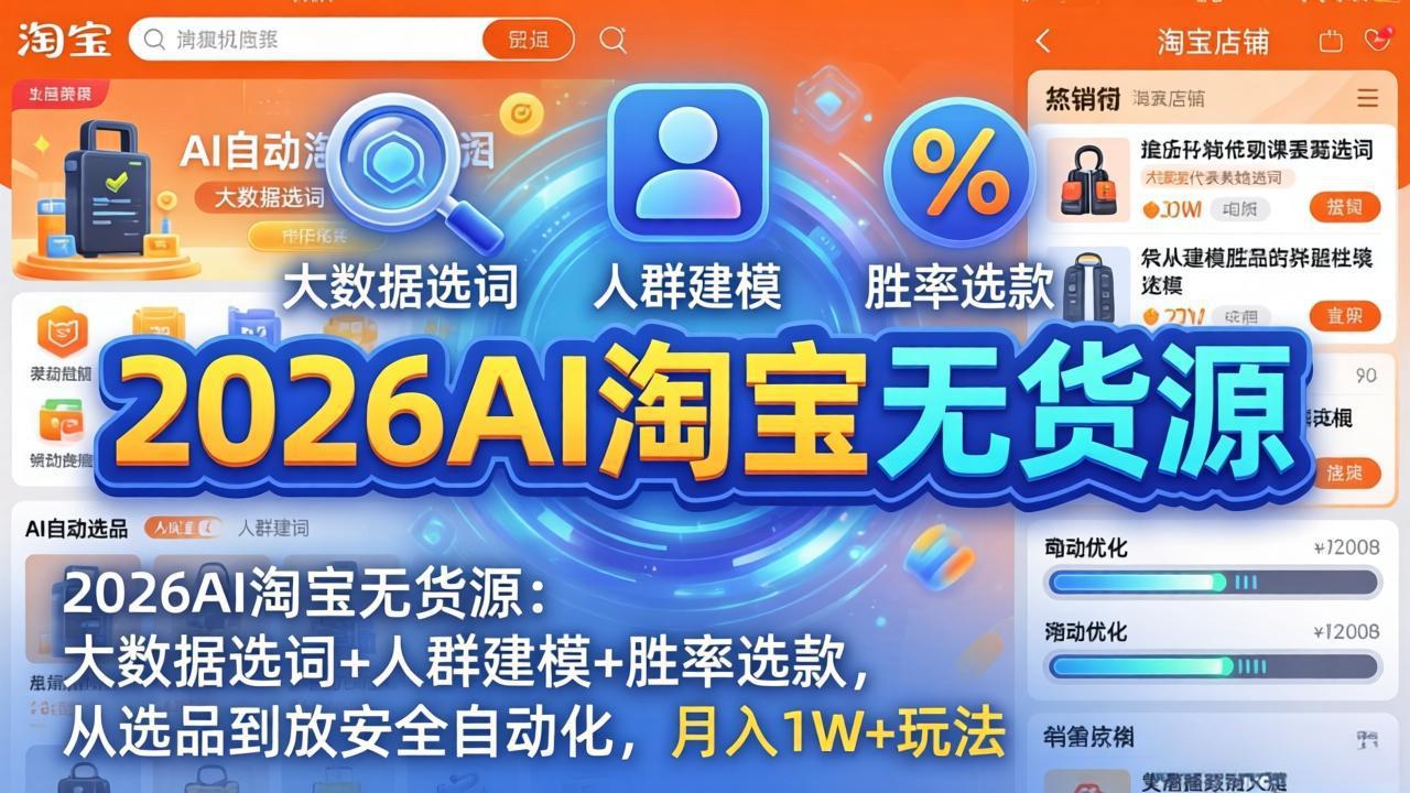 2026AI淘宝无货源：大数据选词+人群建模+胜率选款，从选品到放大全自动化，月入1W+玩法-网赚项目平台