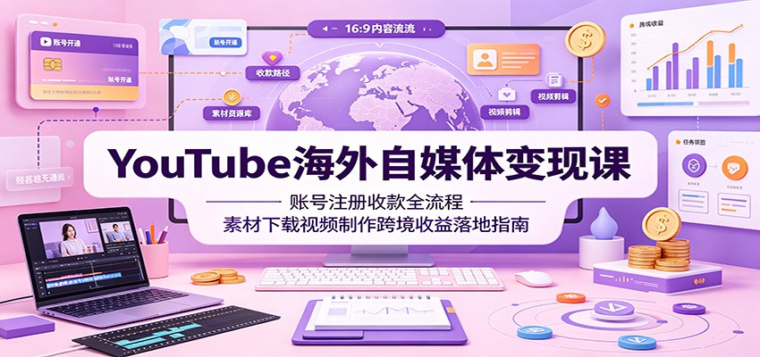 YouTube海外自媒体变现课：账号注册收款全流程，素材下载视频制作跨境收益落地指南-网赚项目平台