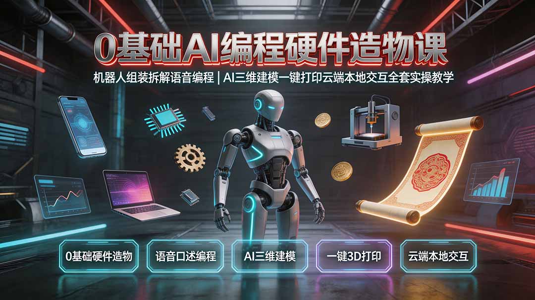 0基础AI编程硬件造物课｜机器人组装拆解语音编程，AI三维建模一键打印云端本地交互全套实操教学-网赚项目平台