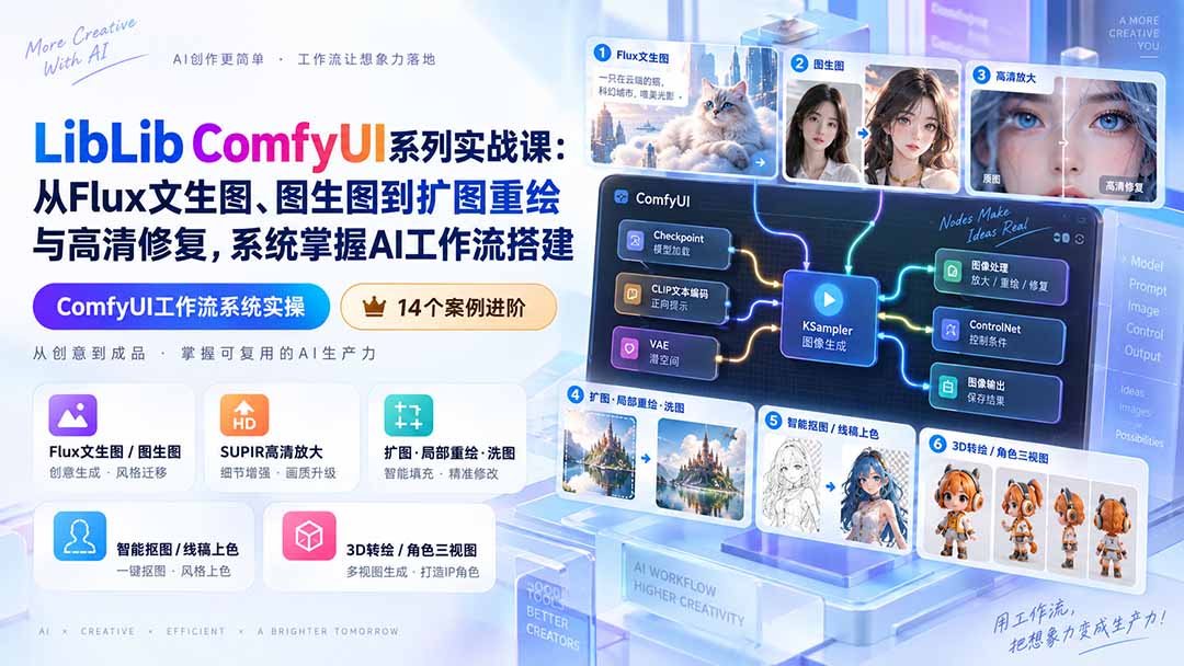 LibLib ComfyUI系列实战课：从Flux文生图、图生图到扩图重绘与高清修复，系统掌握AI工作流搭建-网赚项目平台