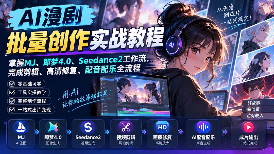 AI漫剧批量创作实战教程：掌握MJ、即梦4.0、Seedance2工作流，完成剪辑、高清修复、配音配乐全流程-网赚项目平台