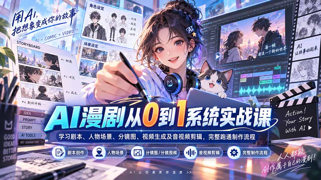 AI漫剧从0到1系统实战课：学习剧本、人物场景、分镜图、视频生成及音视频剪辑，完整跑通制作流程-网赚项目平台