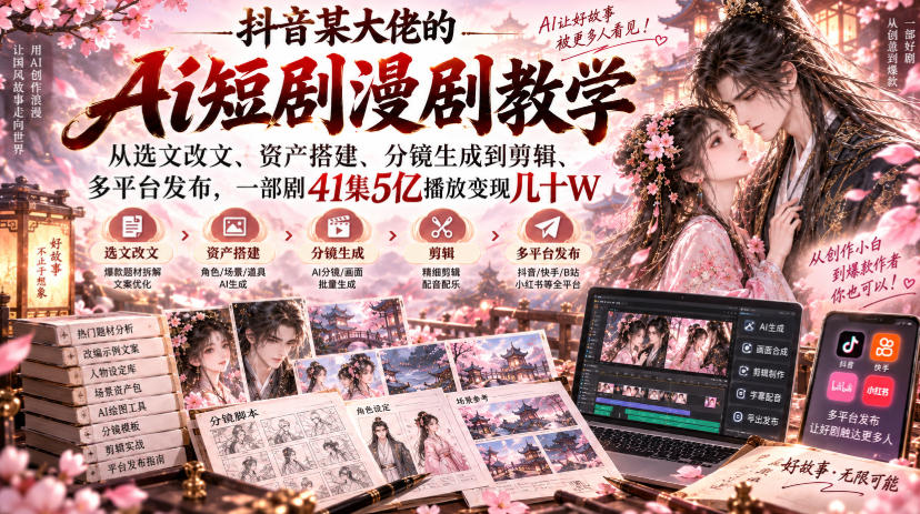 抖音某大佬的Ai短剧漫剧教学，从选文改文、资产搭建、分镜生成到剪辑、多平台发布，一部剧41集5亿播放变现几十W-网赚项目平台