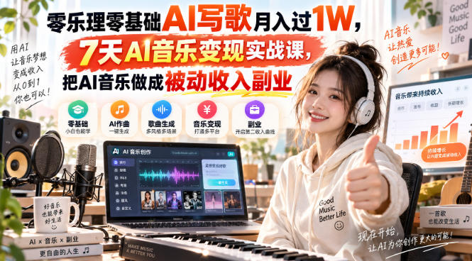 零乐理零基础AI写歌月入过1W，7天AI音乐变现实战课，把AI音乐做成被动收入副业-网赚项目平台