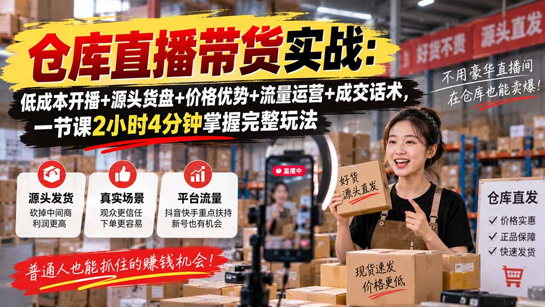 仓库直播带货实战:低成本开播+源头货盘+价格优势+流量运营+成交话术,一节课2小时4分钟掌握完整玩法-网赚项目平台