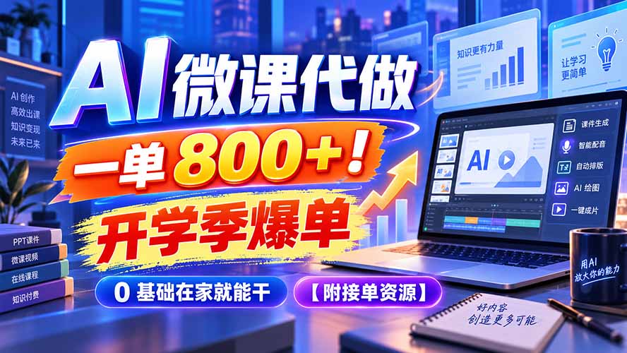 AI 微课代做，一单 800+！开学季爆单，0 基础在家就能干【附接单资源】-网赚项目平台