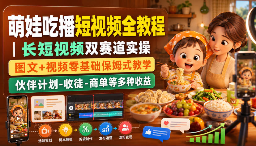 萌娃吃播短视频全教程｜长短视频双赛道实操，图文+视频零基础保姆式教学，伙伴计划-收徒-商单等多种变现方式-网赚项目平台
