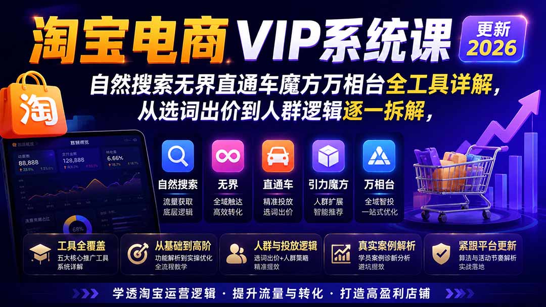 淘宝电商VIP系统课-更新8月；自然搜索无界直通车魔方万相台全工具详解，从选词出价到人群逻辑逐一拆解-网赚项目平台