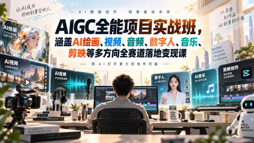 AIGC全能项目实战班，涵盖AI绘画、视频、音频、数字人、音乐、剪映等多方向全赛道落地变现课-网赚项目平台