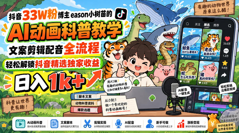抖音33W粉博主eason小树苗的AI动画科普教学，文案剪辑配音全流程，轻松解锁抖音精选独家收益，日入1k+-网赚项目平台