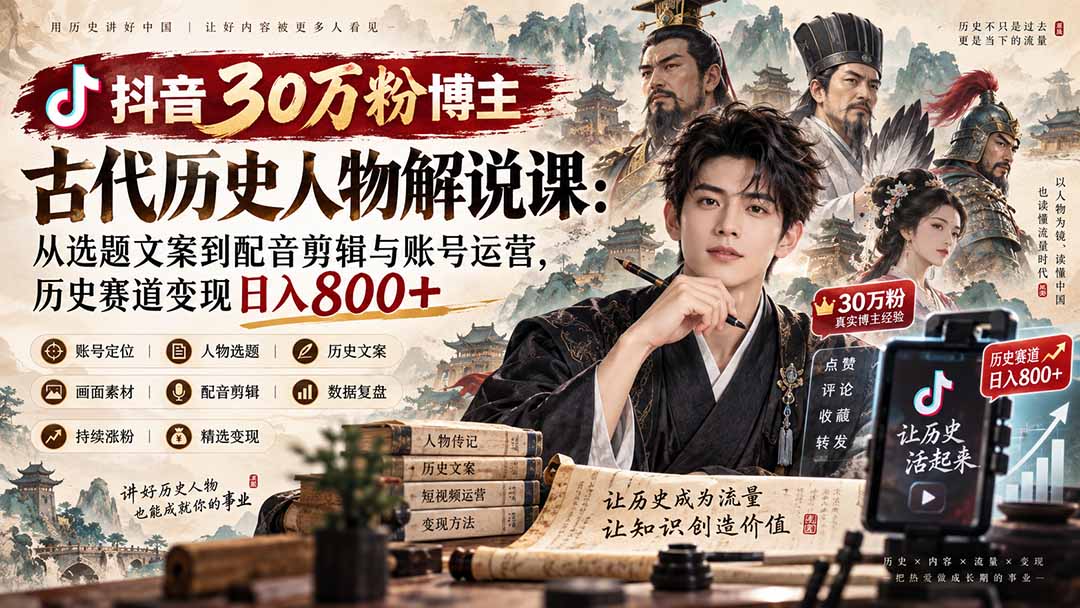 抖音30万粉博主古代历史人物解说课:从选题文案到配音剪辑与账号运营,历史赛道变现日入800+-网赚项目平台