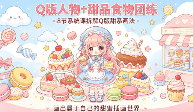 Q版人物+甜品食物团练，8节系统课拆解Q版甜系画法，画出属于自己的甜蜜插画世界-网赚项目平台