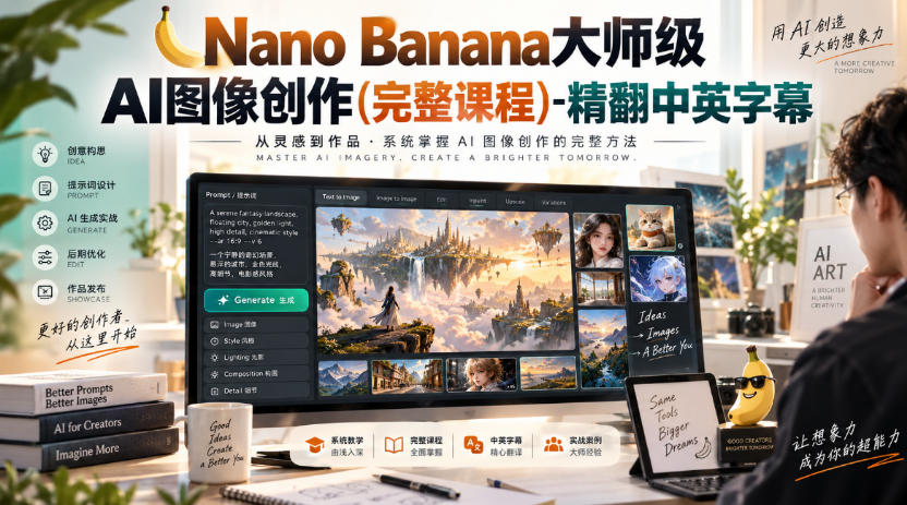 【无水印】Nano Banana大师级AI图像创作(完整课程)-精翻中英字幕-网赚项目平台