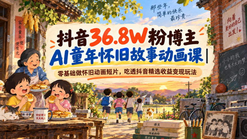 抖音36.8W粉博主AI童年怀旧故事动画课|零基础做怀旧动画短片,吃透抖音精选收益变现玩法-网赚项目平台