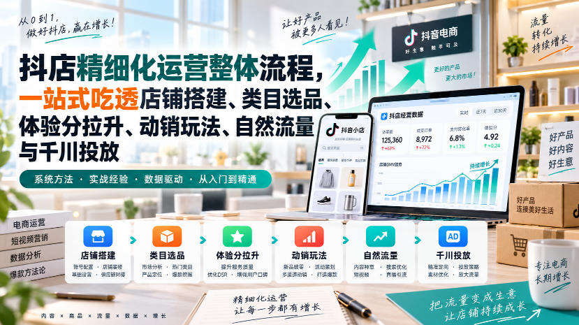 李哥电商-抖店精细化运营整体流程，一站式吃透店铺搭建、类目选品、体验分拉升、动销玩法、自然流量与千川投放-网赚项目平台