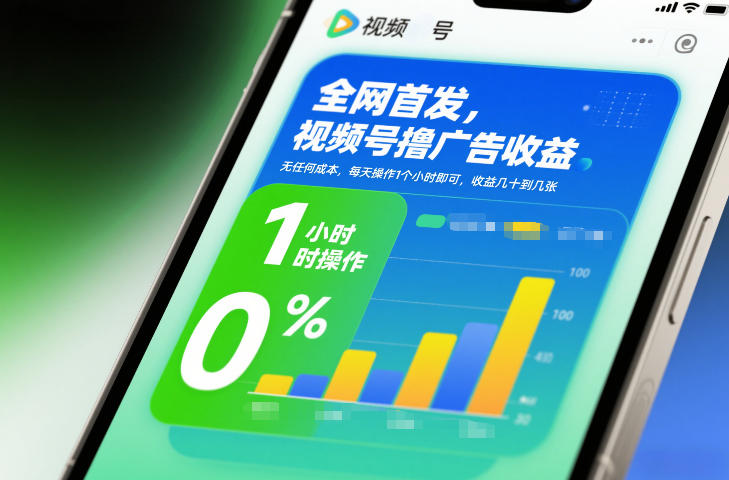 全网首发，视频号撸广告收益，无任何成本，每天操作1个小时即可，收益几十到几张-网赚项目平台